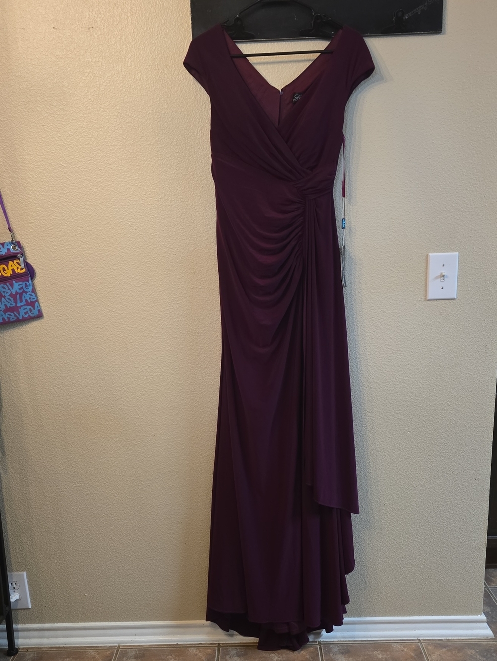 La Femme Deep Burgundy Ruched V-Neck Maxi Dress